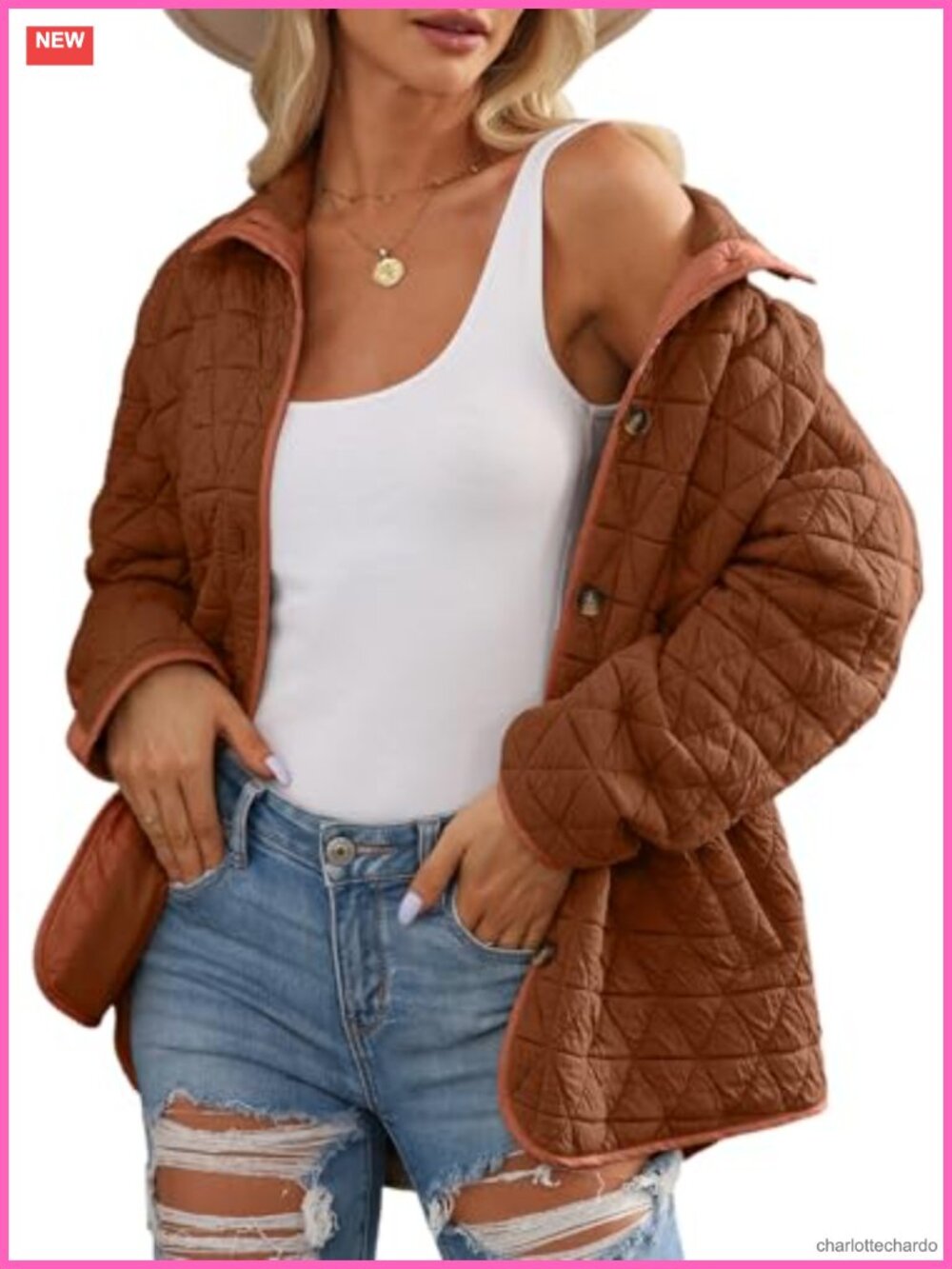 Lightweight Diamond Quilted Jacket Women Loose Fit Collared Button Down Coat